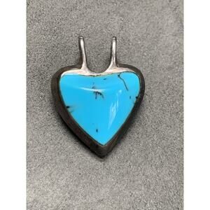Vintage Sterling Silver Reversible Faux Onyx & Turquoise Puffy Heart Pendant